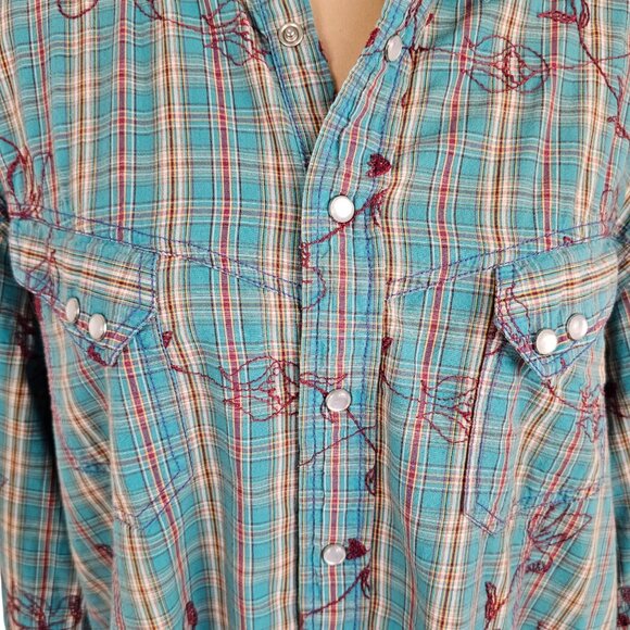 George Roth Floral Embroidered Blue Plaid Button Up Sz XL - Picture 2 of 11